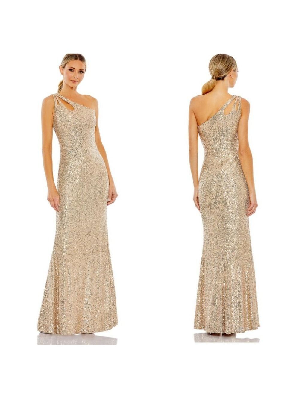 Ieena for Mac Duggal Gold Sequin One-Shoulder Gown Size 4 NWT